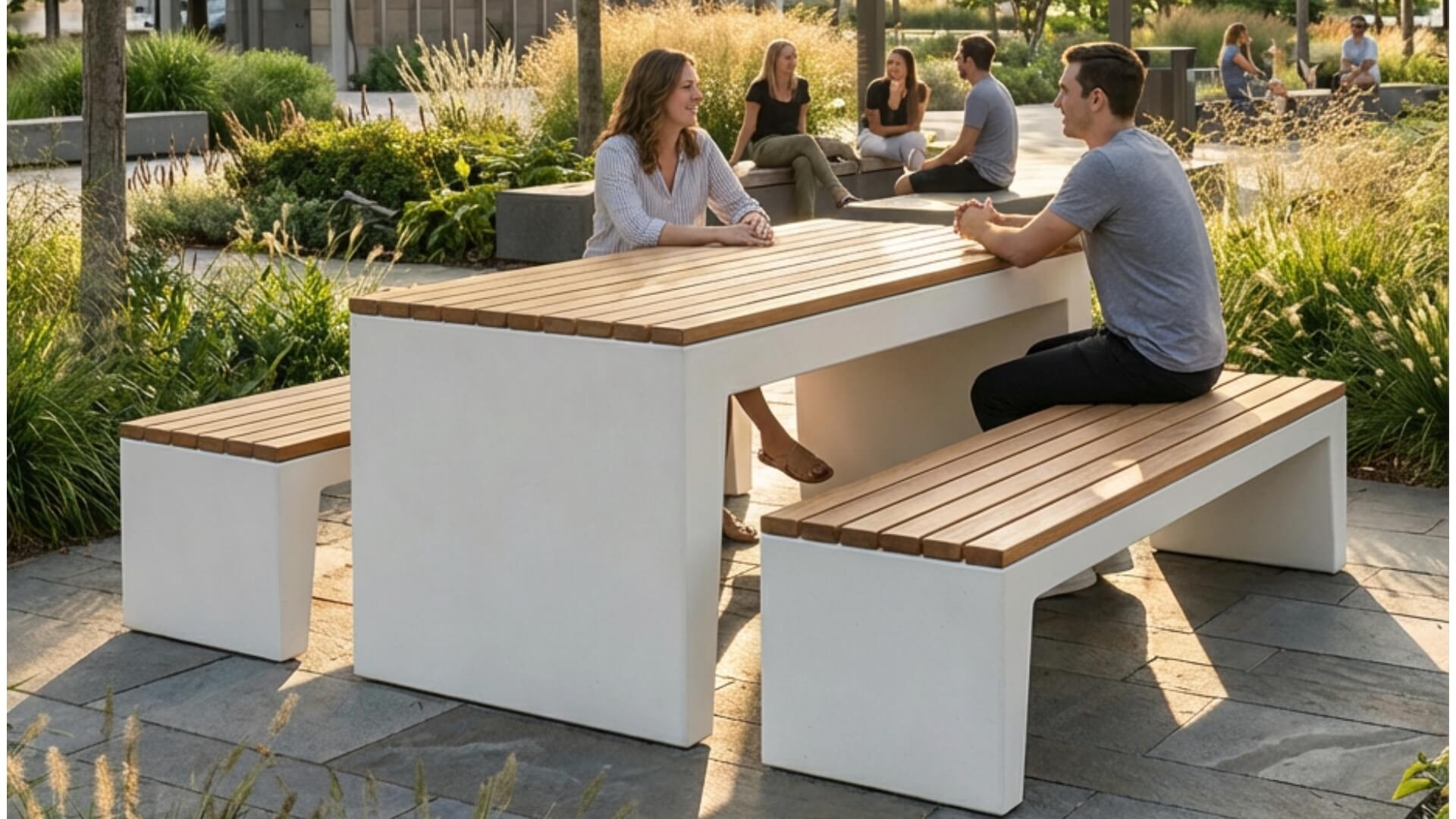 Betonnen picknicktafel met zitelementen van beton en hout buitenruimte