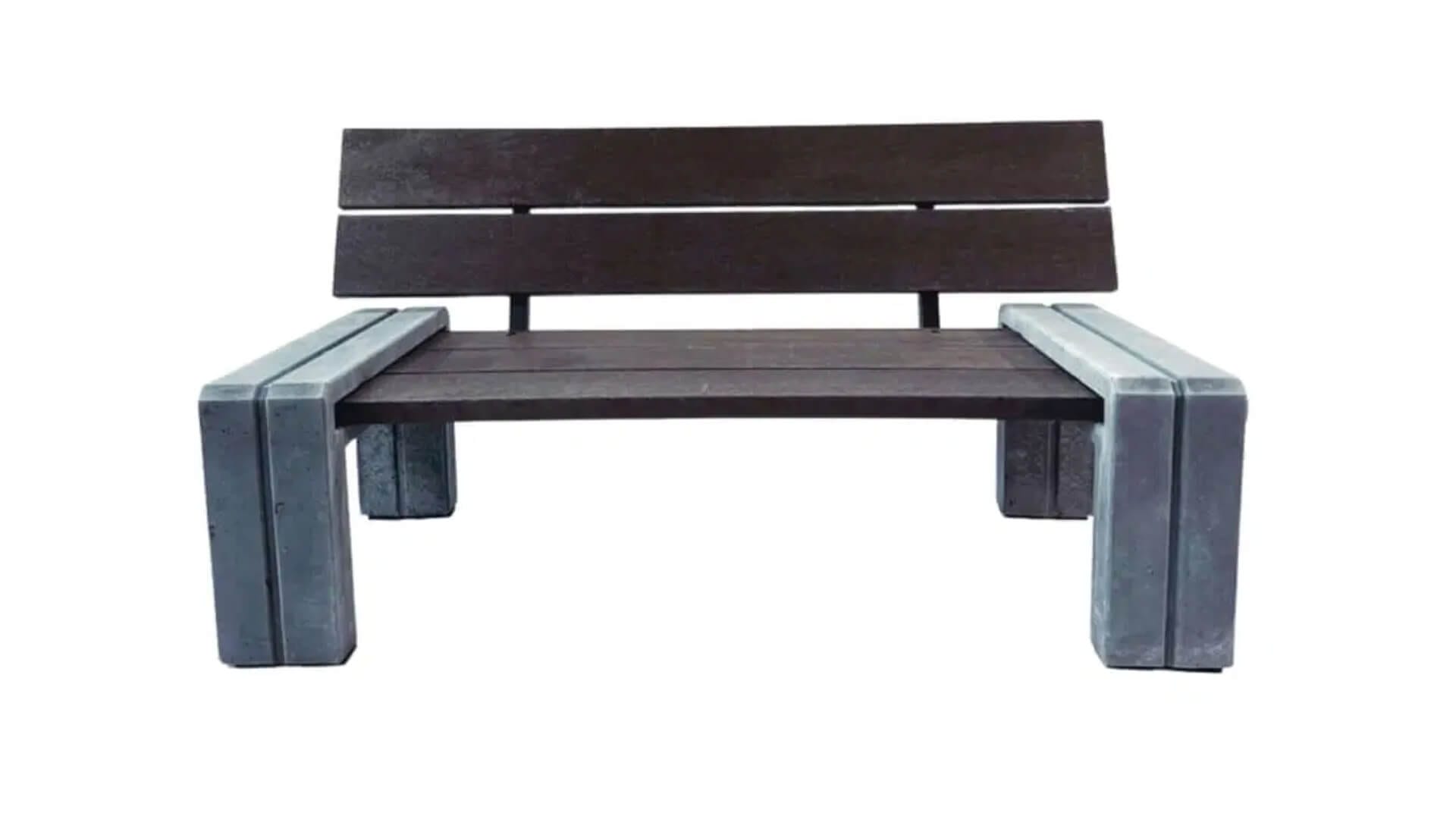 Gerenderde afbeelding van een parkbank voor buiten van kunststof en betonvoet