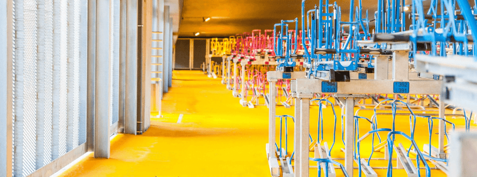 Kleurrijke dubbellaagse fietsenrekken in een overdekte fietsenstalling met blauwe en roze beugels, ook wel etagerekken genoemd.