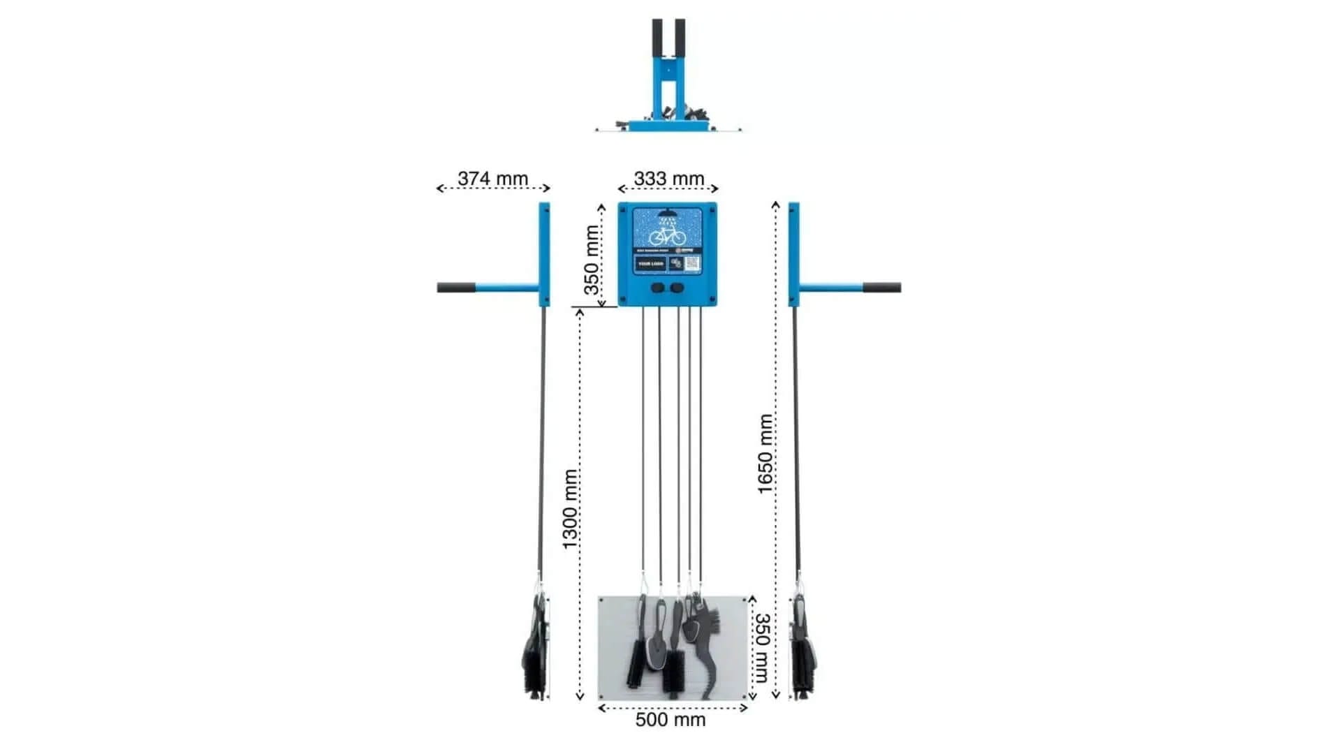 Technische tekening van het AKVO Fiets Reinigingsstation van Umfeldt met afmetingen en borstels