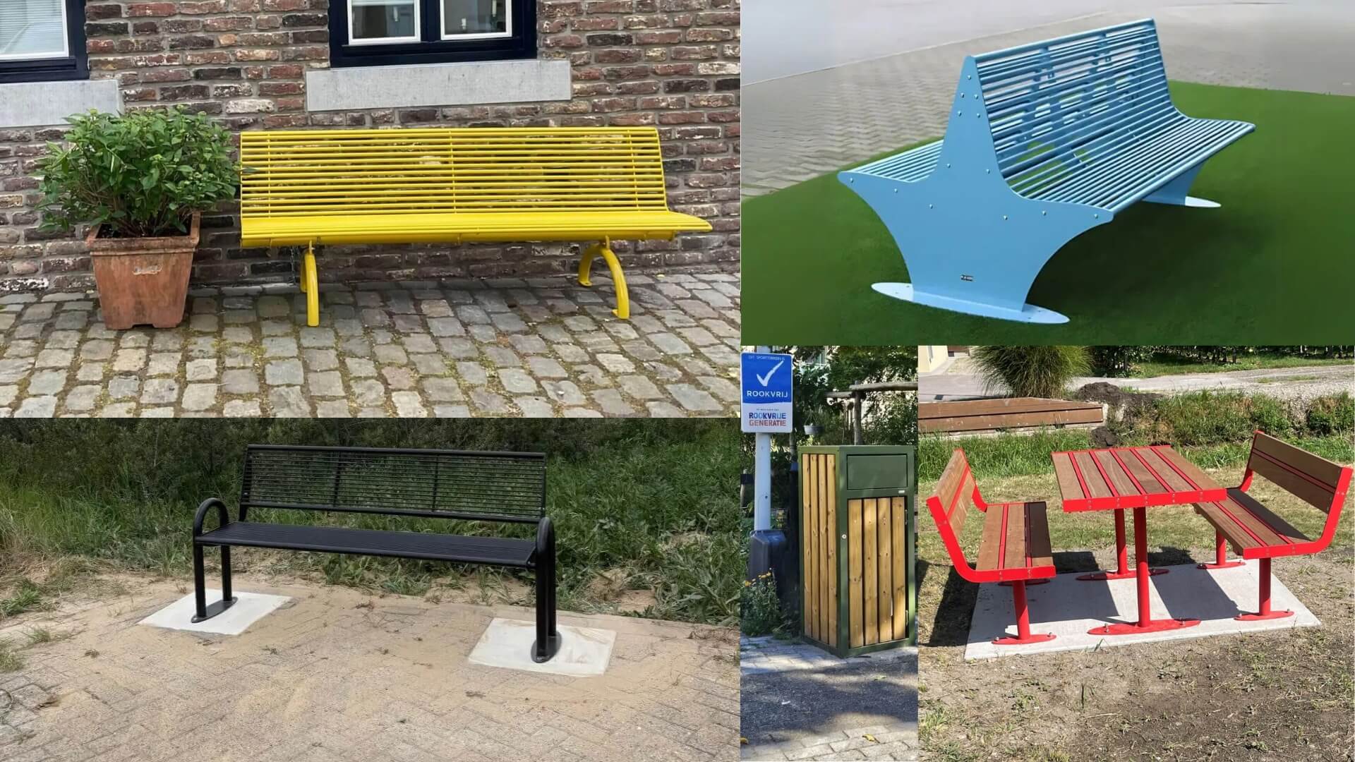 Collage van straatmeubilair van Umfeldt – kleurrijke buitenbanken, picknicktafel en afvalbak van duurzame kwaliteit
