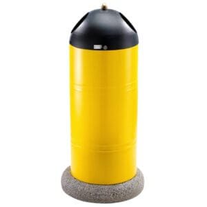 Gele afvalbak met betonvoet en stevige stalen constructie voor openbare ruimtes. Nu eenvoudig bestellen.