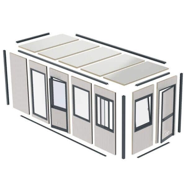 Demontabele kantoorunit of zelbouw kantoorunit kopen Onderdelen van een demontabele kantoorunit in losse panelen weergegeven