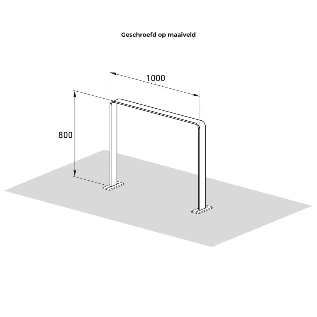 Technische tekening van fietsaanleunbeugel zwart, gemonteerd op maaiveld.