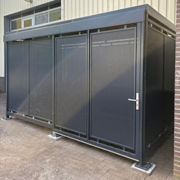 Fietsoverkapping met deur en slot kopen Gesloten fietsoverkapping met deur, geperforeerde stalen wanden en verzinkt stalen frame in antracietkleur.