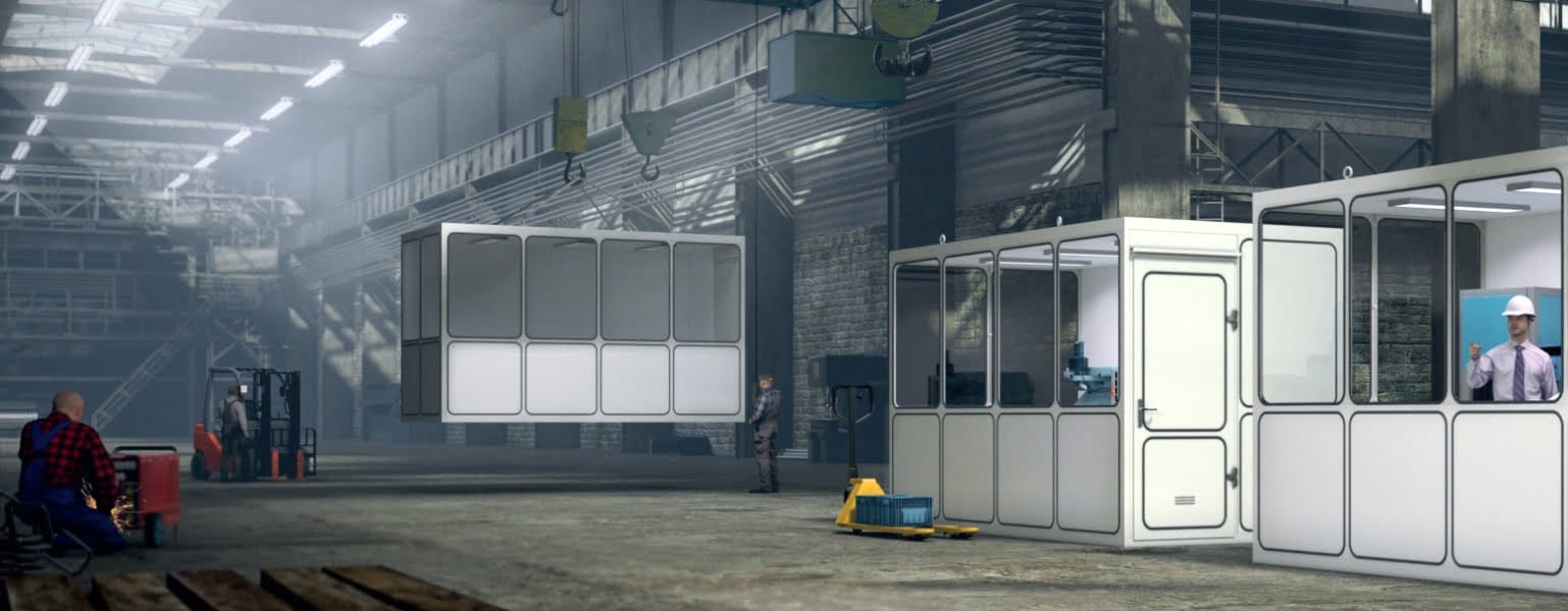 Prefab kantoorunit voor binnen en industriële toepassingen in een fabriek.