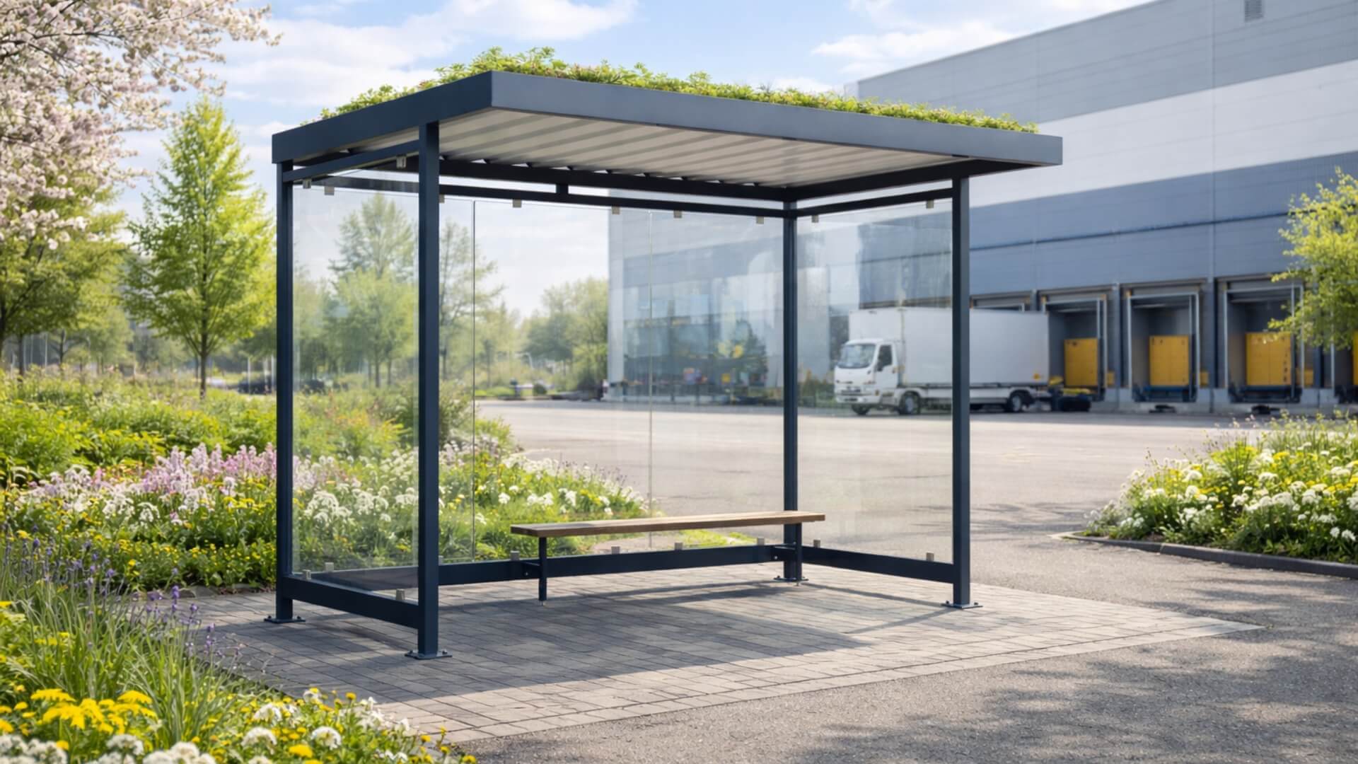 Moderne rookruimten met glazen wanden en sedumdak bij bedrijfspand