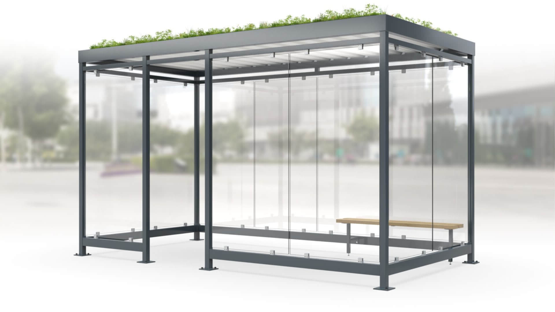 Rookoverkapping Keulen met glazen wanden, geïntegreerde zitbank en duurzaam sedumdak voor vergroening en isolatie.