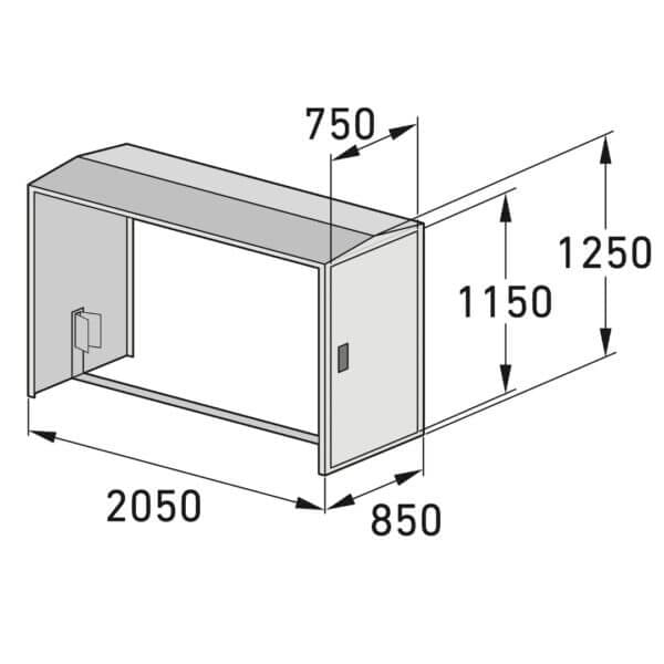 Technische tekening met maatvoering uitbreidingsmodule fietsopbergbox Technische tekening uitbreidingsmodule fietsopbergbox met afmetingen in millimeters