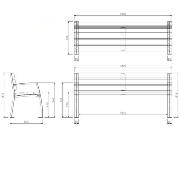 Technische tekening van een buitenbank voor senioren Technische tekening van een buitenbank voor senioren met maatvoering in mm