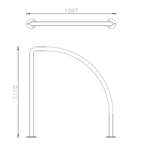 Technische tekening van een design fietsleunbeugel Technische tekening van een design fietsleunbeugel met gebogen vorm en afmetingen.