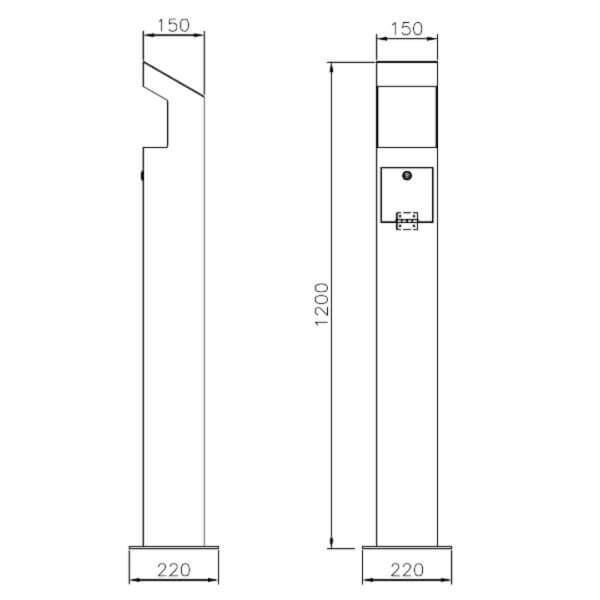 Technische tekening van een grote asbak voor buiten Technische tekening van grote staande buitenasbak met afmetingen