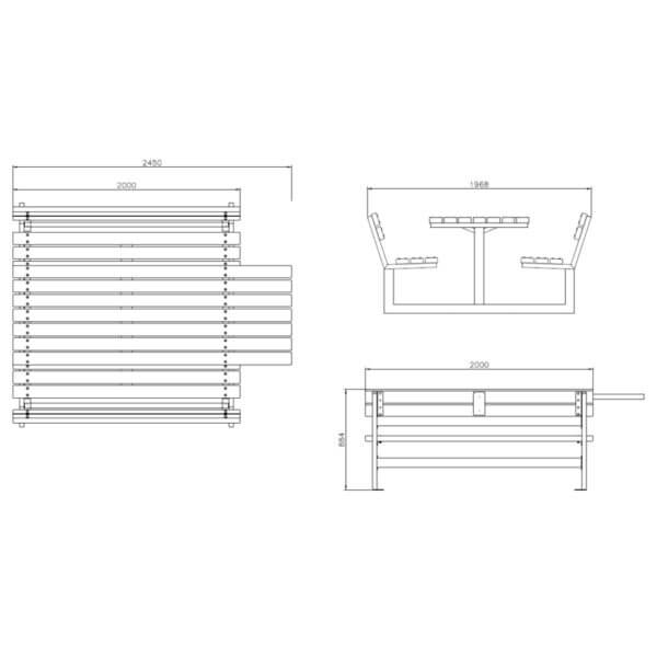 Technische tekening van een rolstoelvriendelijke picknicktafel Technische tekening van een vrijstaande picknicktafel met rolstoeltoegankelijke zitplek