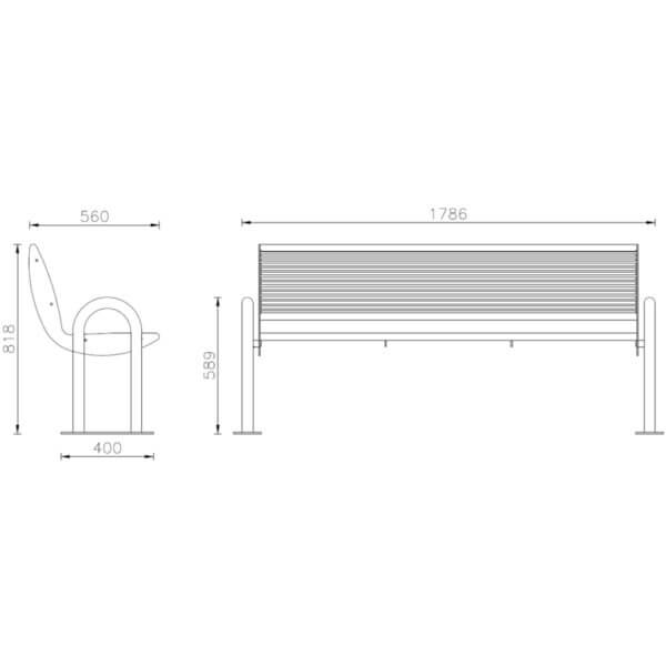 Technische tekening van een buitenbank met rugleuning en afmetingen 1786x560x818 mm