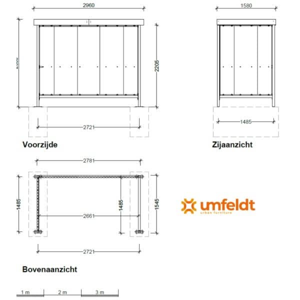 Technische tekening van prefab Rookabri Tekening met maatvoering van een 3 meter lange rookabri