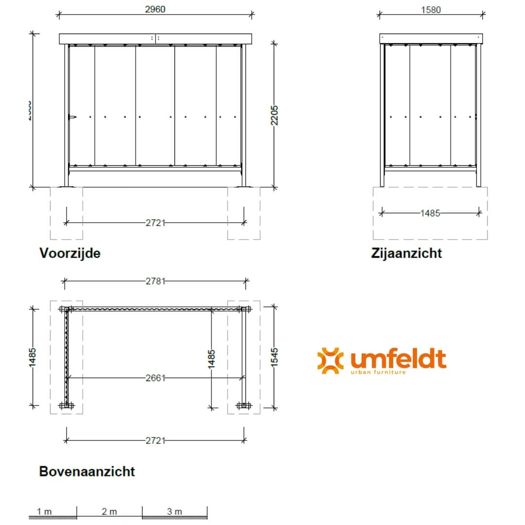 Tekening met maatvoering van een 3 meter lange rookabri