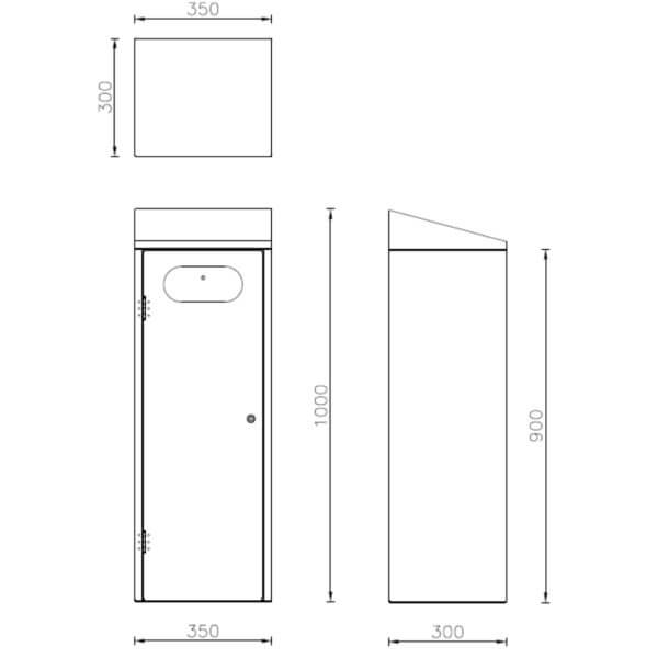 Technische tekening vuilnisbak buiten 40 liter Technische tekening van stalen prullenbak voor buitengebruik met 40 liter inhoud.