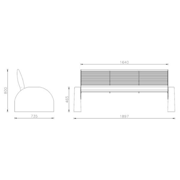 Technische tekening van een parkbank met rugleuning en betonnen voeten, inclusief maatvoering.