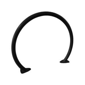 Fietsleunbeugel in ronde vorm van verzinkt staal met zwarte poedercoating, geschikt voor openbare en zakelijke ruimtes.