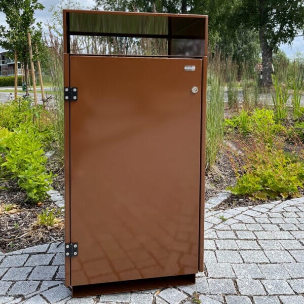 Afvalbak voor buiten in bruin staal 180 liter Afvalbak voor buiten in bruin gepoedercoat staal met inhoud van 180 liter