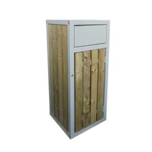 Robuuste afvalbak met hout en staal, perfect voor openbare ruimtes. Bestel in diverse RAL-kleuren en maten.