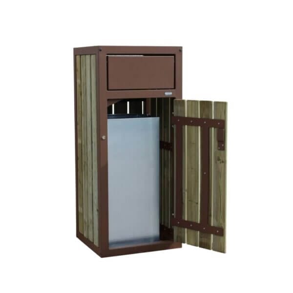 Robuuste buitenafvalbak van 120 liter Buiten afvalbak van staal en hout met een inhoud van 120 liter. Te bestellen in diverse RAL-kleuren voor openbare ruimtes.