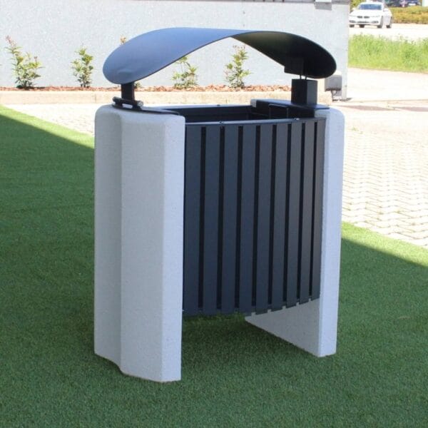 Buitenafvalbak van staal en beton, perfect voor openbare terreinen. Nu eenvoudig aanschaffen in diverse RAL-kleuren.