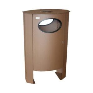 Afvalbak voor de openbare ruimte in cortenstaal look, stevig en in diverse RAL-kleuren te verkrijgen.