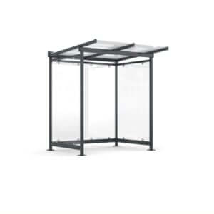 Fietsoverkapping van glas en staal ook geschikt als geschikt als rook- of betaalautomaat overkapping