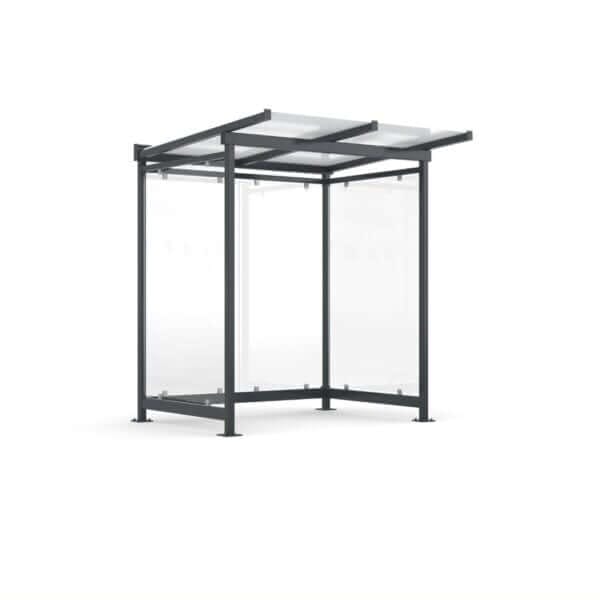 Fietsoverkapping van glas en staal ook geschikt als geschikt als rook- of betaalautomaat overkapping