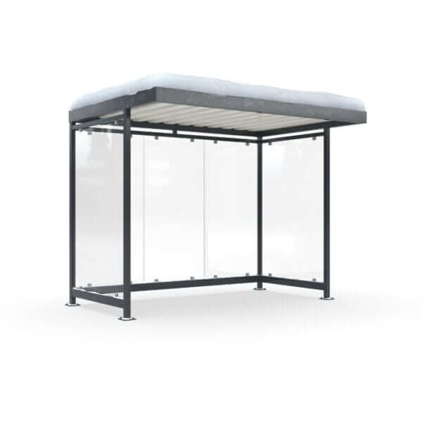 Duurzame rookoverkapping met glas en sneeuwbestendig dak kopen Overkapping van staal en glas met sneeuw op het dak voor fietsen, rokers of wachtruimte.
