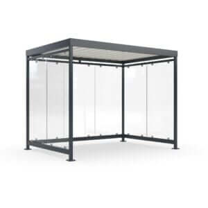 Moderne betaalautomaat- en fietsoverkapping van staal en ESG-glas voor buitengebruik.