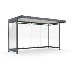 Multifunctionele overkapping van staal en glas voor fietsen, roken, bushalte of betaalautomaat.