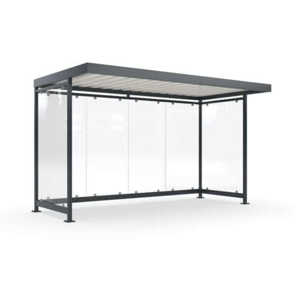 Multifunctionele overkapping van staal en glas voor fietsen, roken, bushalte of betaalautomaat.