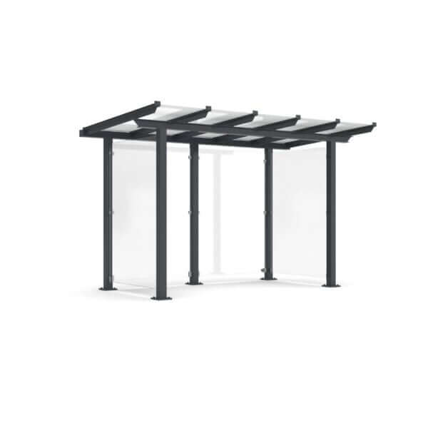 Overkapping met ESG glaswanden en stalen frame op voetplaten