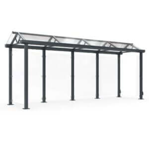 Multifunctionele fietsoverkapping van verzinkt staal en gehard glas op een witte achtergrond