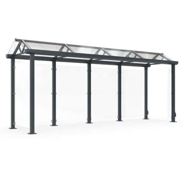 Multifunctionele fietsoverkapping van verzinkt staal en gehard glas op een witte achtergrond