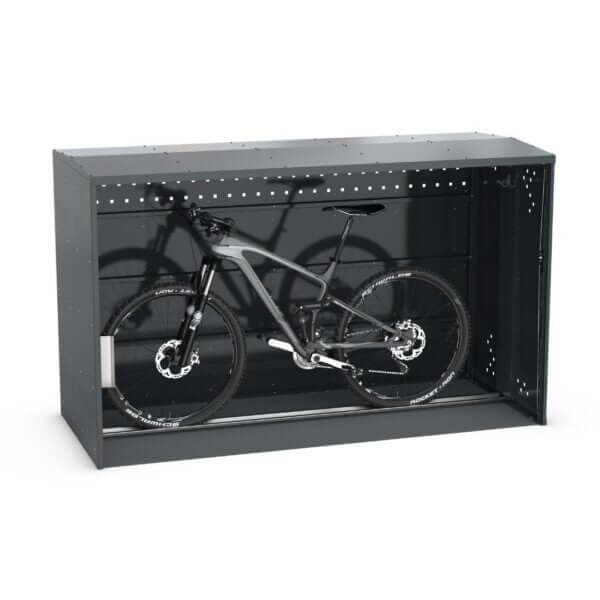 bikebox-1-23 Donkergrijze fiets opbergbox met transparante voorzijde en mountainbike