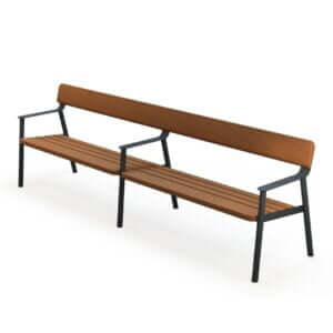 Extra lange parkbank met dubbele zitting en stalen frame. Stalen frame is te bestellen in diverse ral-kleuren.