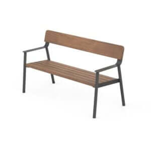 Design buitenbank van 150 cm met een stevig metalen frame en houten zitting en rugleuning. Ideaal voor tuinen, pleinen en openbare ruimtes.