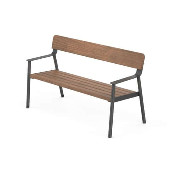 Design buitenbank van 150 cm met een stevig metalen frame en houten zitting en rugleuning. Ideaal voor tuinen, pleinen en openbare ruimtes.