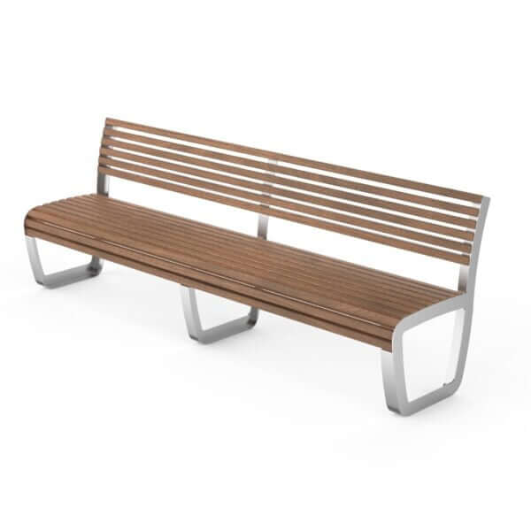 Buitenbank Trapo 240 cm met houten latten en een stalen onderstel in diverse RAL-kleuren. Geschikt voor openbare pleinen, bedrijfstuinen en recreatieparken.