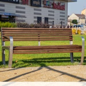Moderne buitenbank met donkerhouten zitting en een roestvrijstalen onderstel, geplaatst in een groen stadspark. Stijlvol en duurzaam ontwerp.