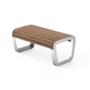 Buitenbank Trapo 100 cm met keuze uit diverse houtsoorten en een stalen onderstel in meerdere RAL-kleuren. Geschikt voor pleinen, bedrijfspanden en wachtruimtes.