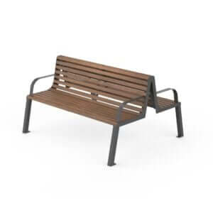 Dubbelzijdige buitenbank van 150 cm met houten latten en stalen frame. Geschikt voor openbare ruimtes zoals parken en pleinen.