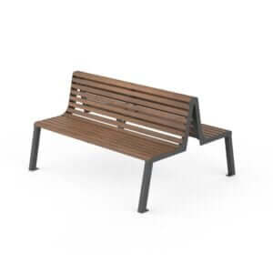 Dubbelzijdige buitenbank van hout en staal, 150 cm lang. Robuust en geschikt voor openbare ruimtes zoals parken en pleinen.