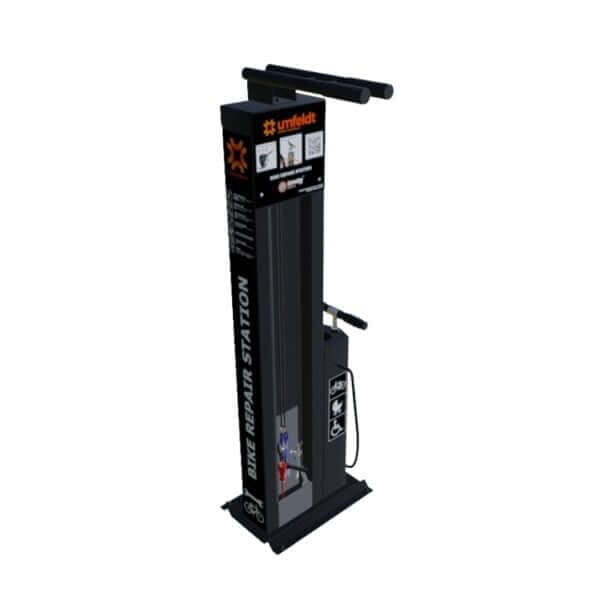 fiets-onderhoudsstation-umfeldt-2-17 Zwart bike repair station met fietspomp, gereedschap en Umfeldt-logo