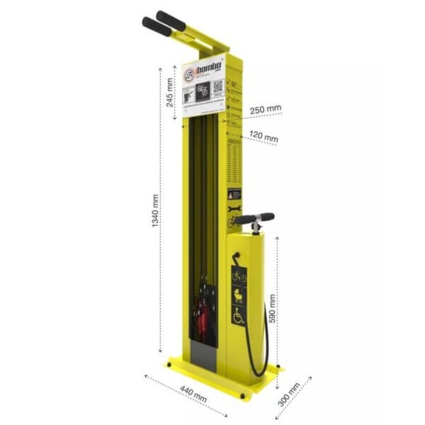 fiets-onderhoudsstation-umfeldt-2-19 Gele bike repair station met afmetingen, totale hoogte van 2245 mm