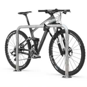 Fietsaanleunbeugel met sportfiets bevestigd aan het rek