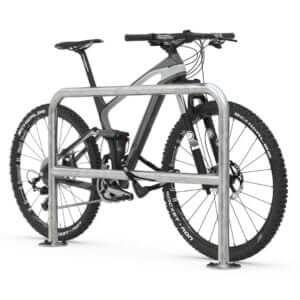 Fietsleunhek van gegalvaniseerd staal met mountainbike tegen witte achtergrond